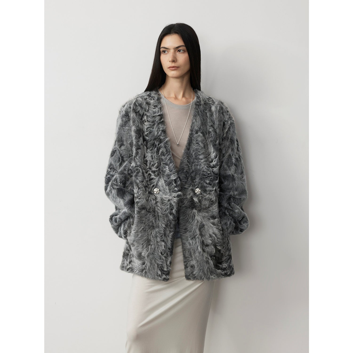 "Blizzard Urban" Two-Color Lamb Fur Coat