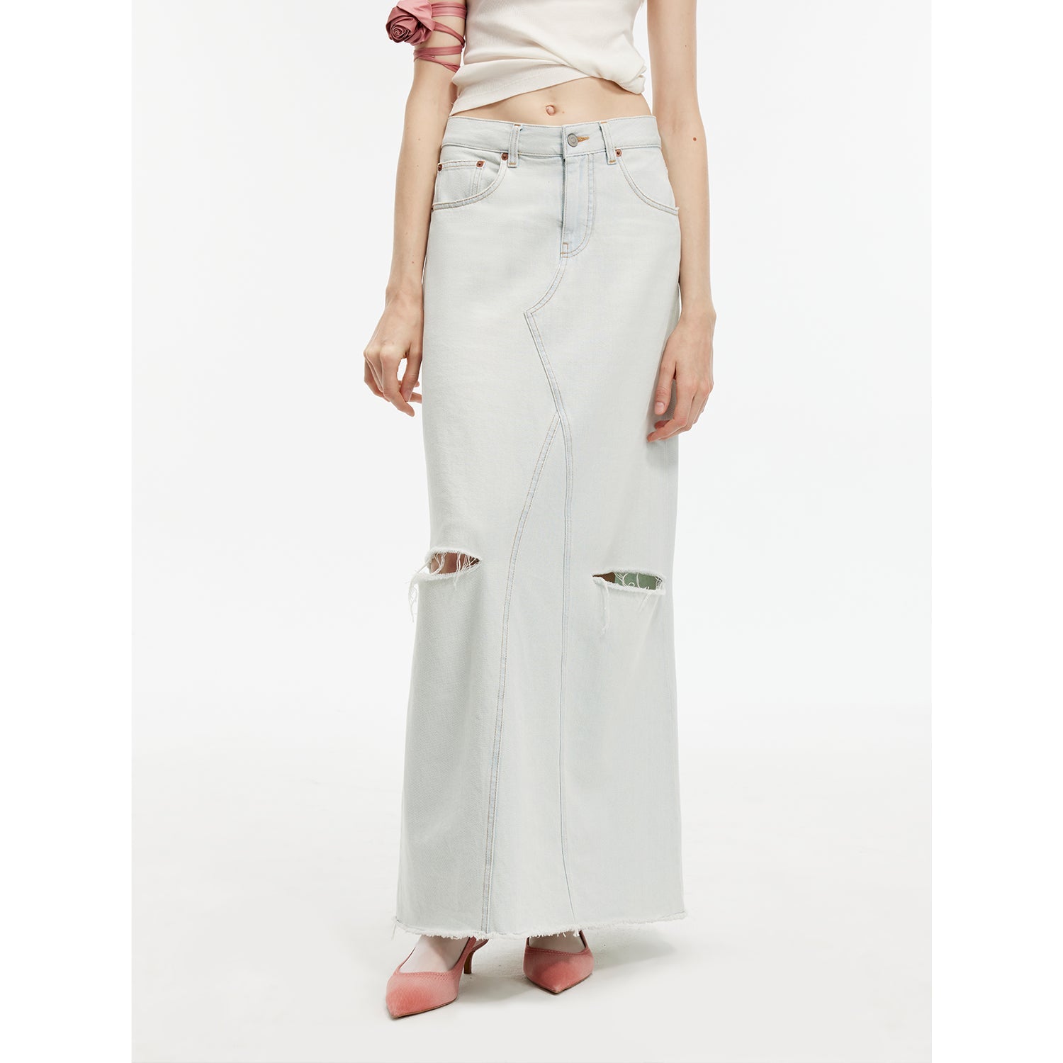 "Walden Pond" Wash-Faded Distressed Denim A-Line Skirt