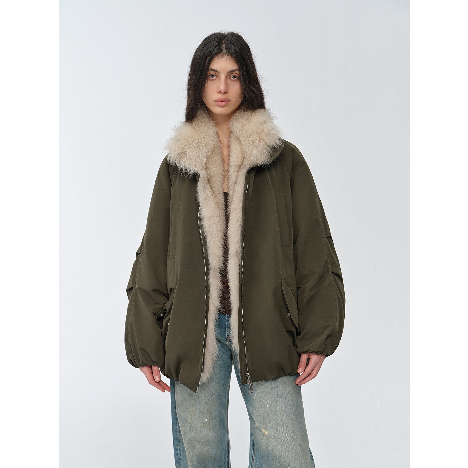 "Warm Dialogue" Two-Tone Fox Fur Collar Detachable Mid-Length Down Parka