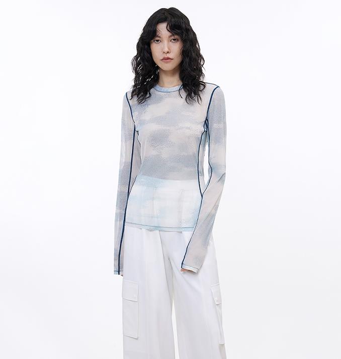 Smudge-Printed Mesh See-Through Long-Sleeved Shirt