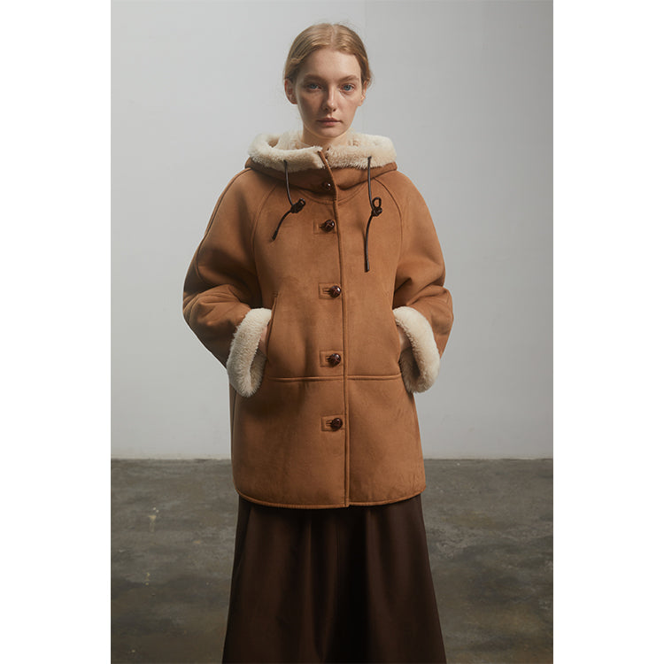 "Danish Winter" Shearling Wool  Hooded Coat