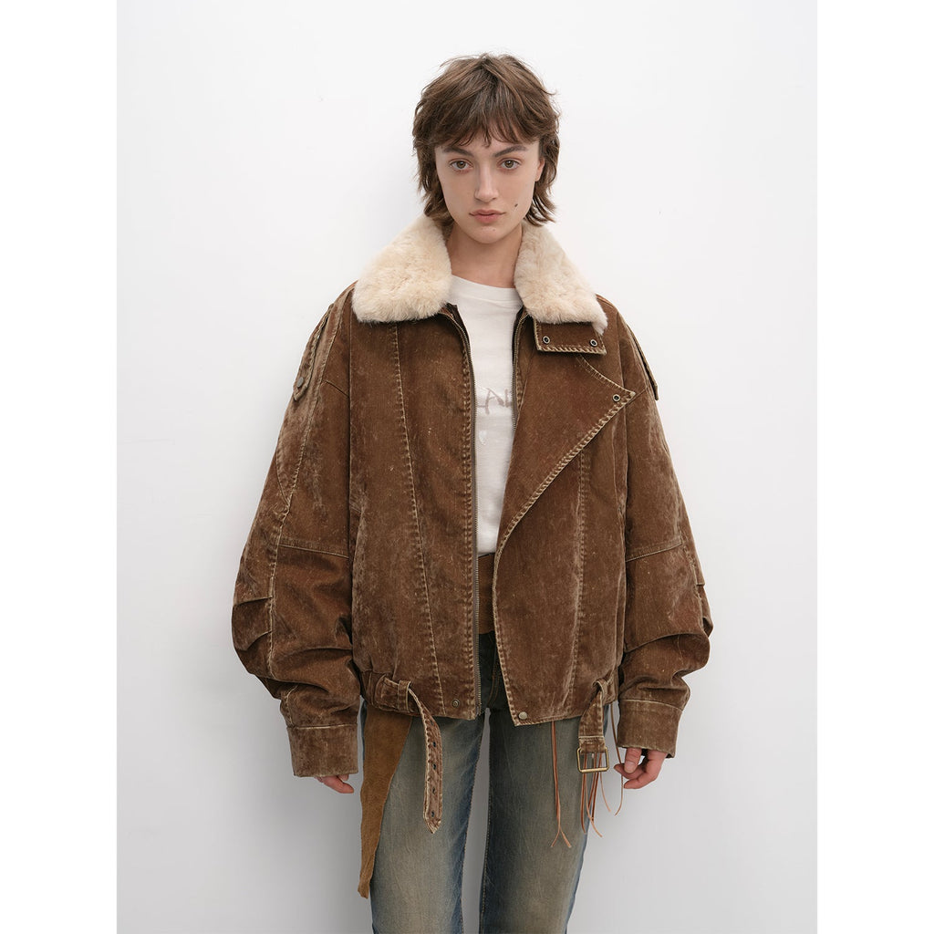 Warm Distressed Denim Wool Collar Jacket