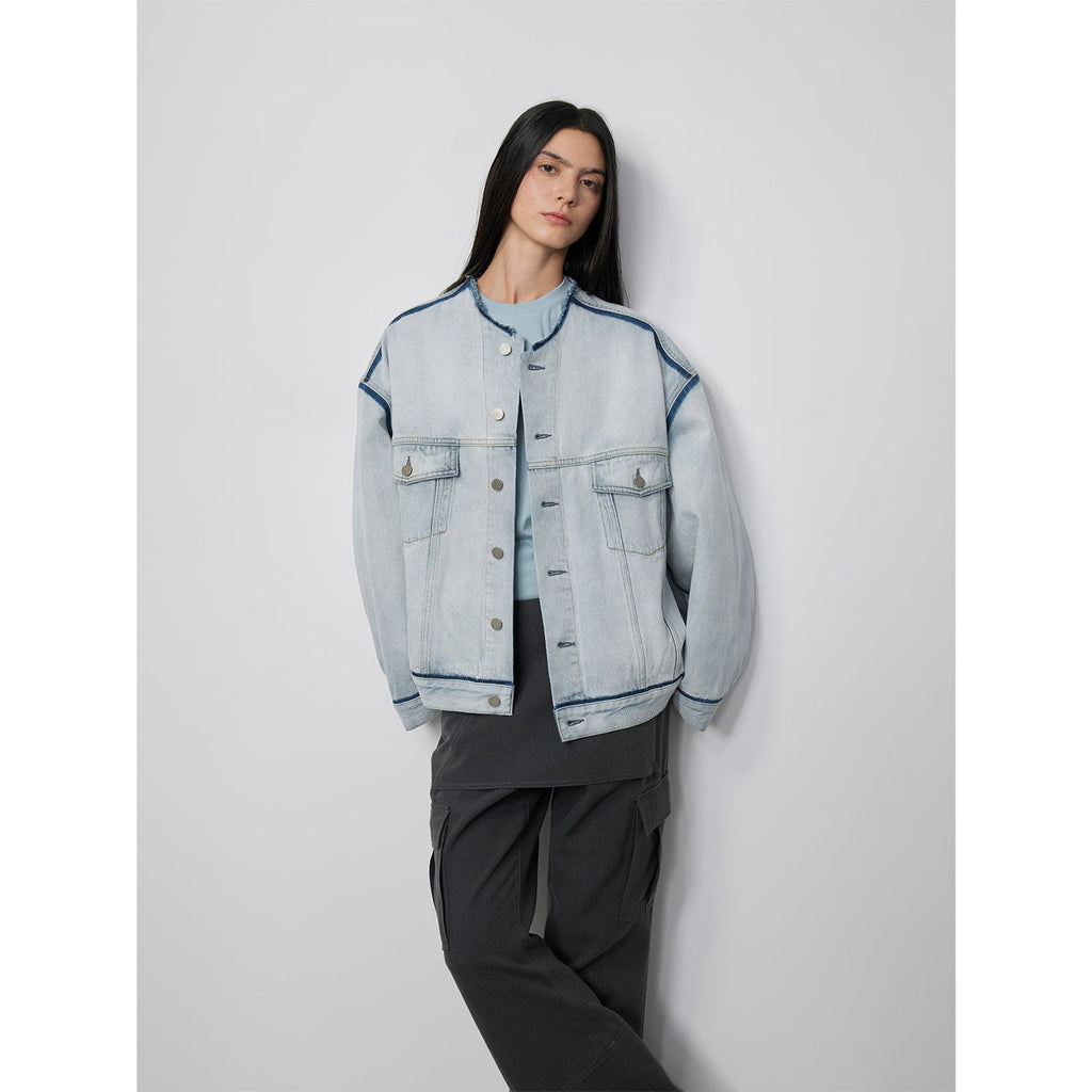 "Starry Sky Market" Classic Washed Cotton Collarless Denim Jacket