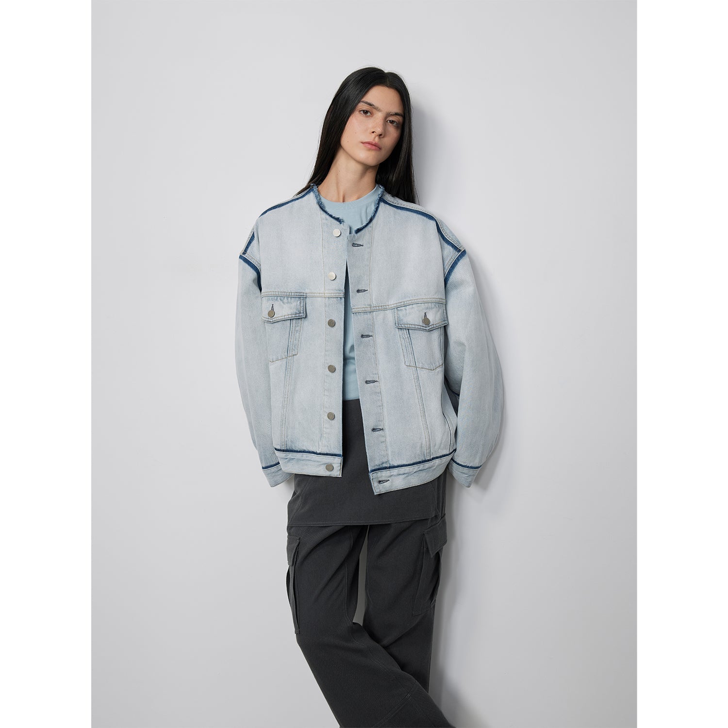"Starry Sky Market" Classic Washed Cotton Collarless Denim Jacket