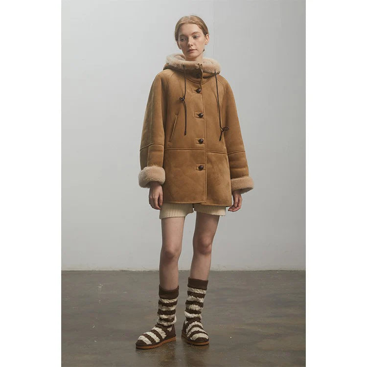 "Danish Winter" Shearling Wool  Hooded Coat