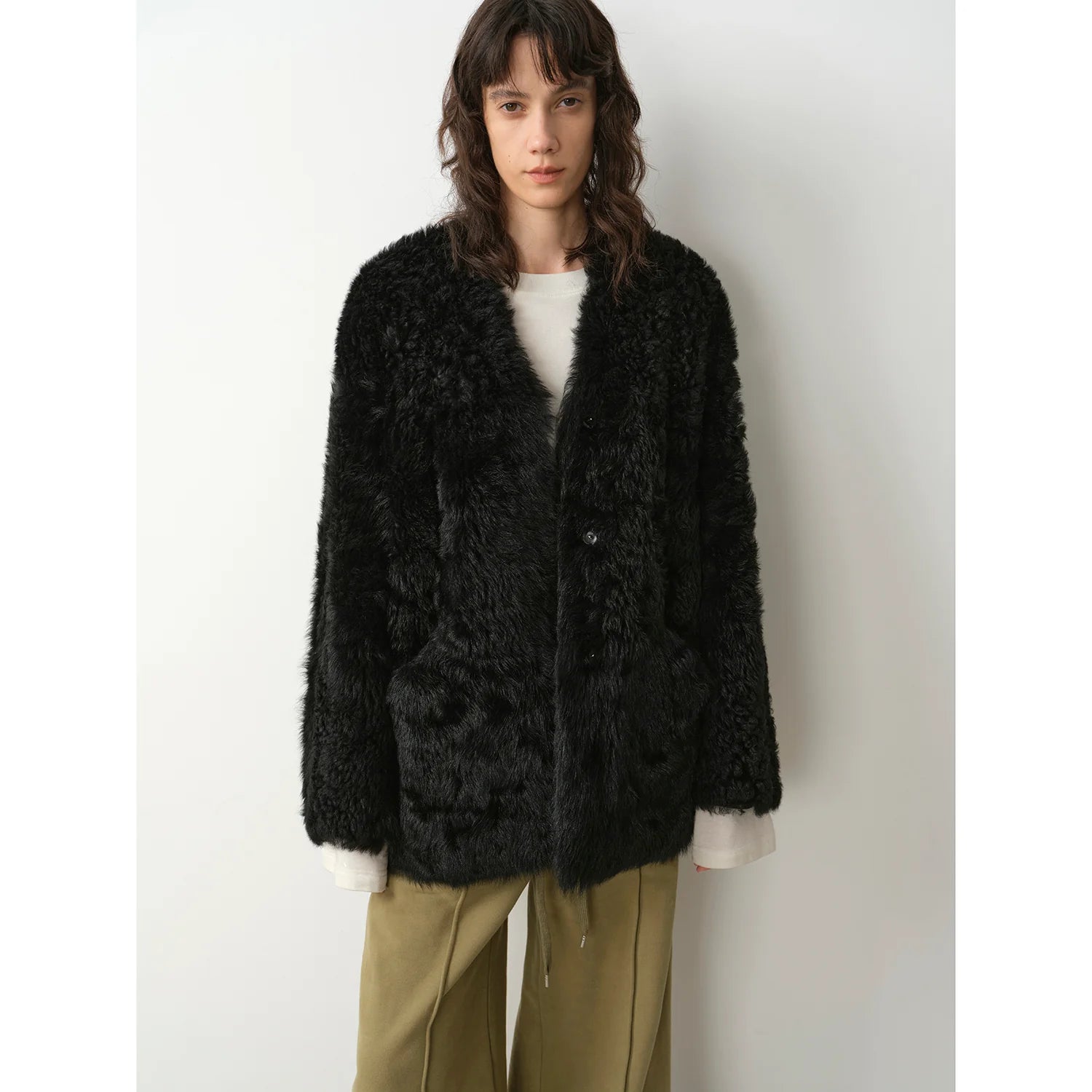 "Castle Dusk" V-Neck Curly Wool Sheepskin Fur Coat