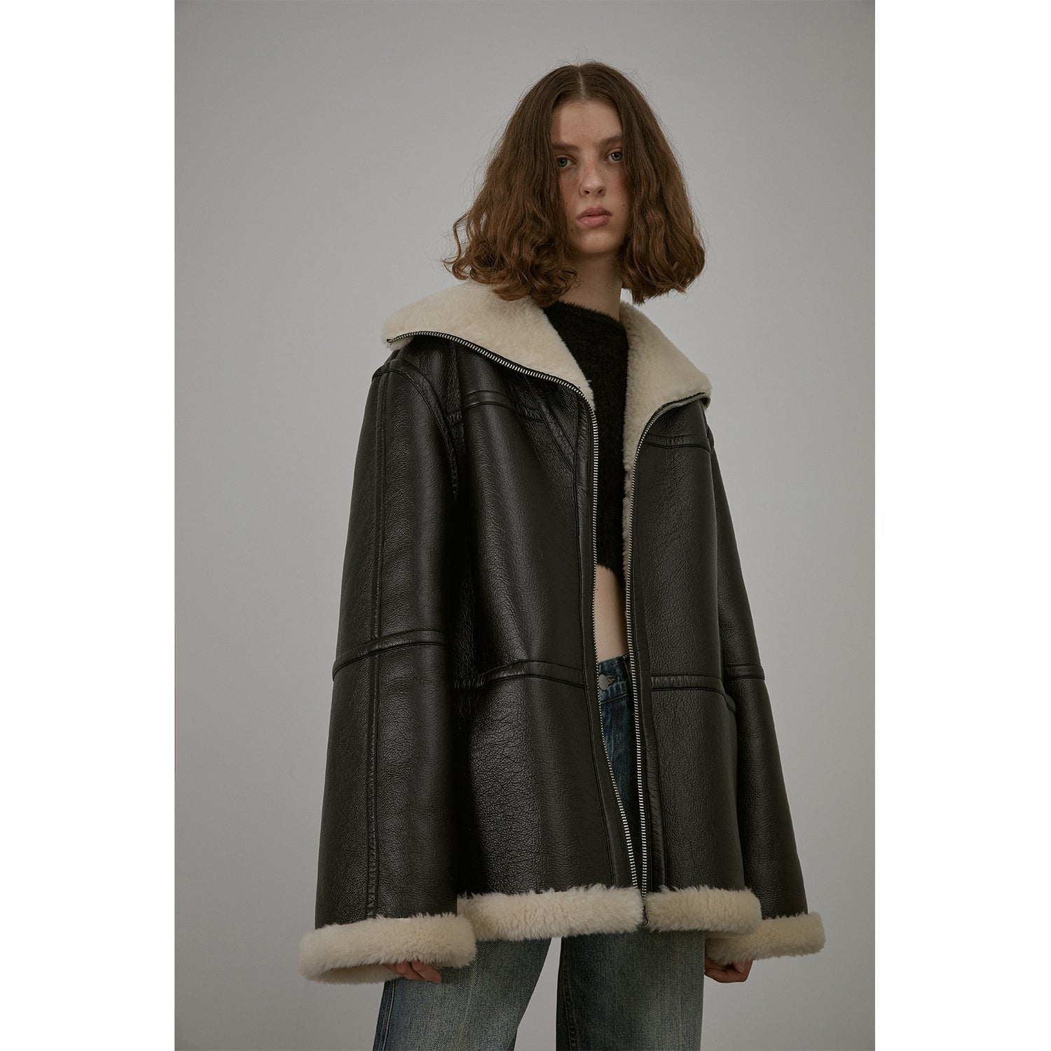 “August Night” Wool Artificial Compound Leather Reversible Shearling Jacket