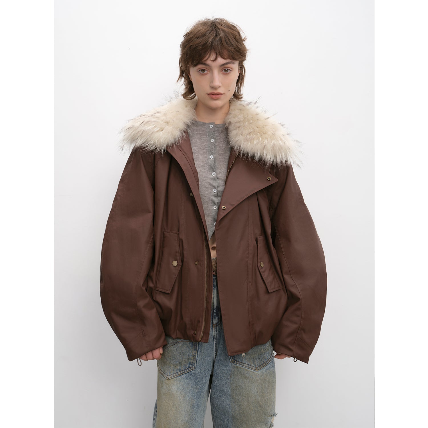Detachable Raccoon Fur Collar Short Jacket