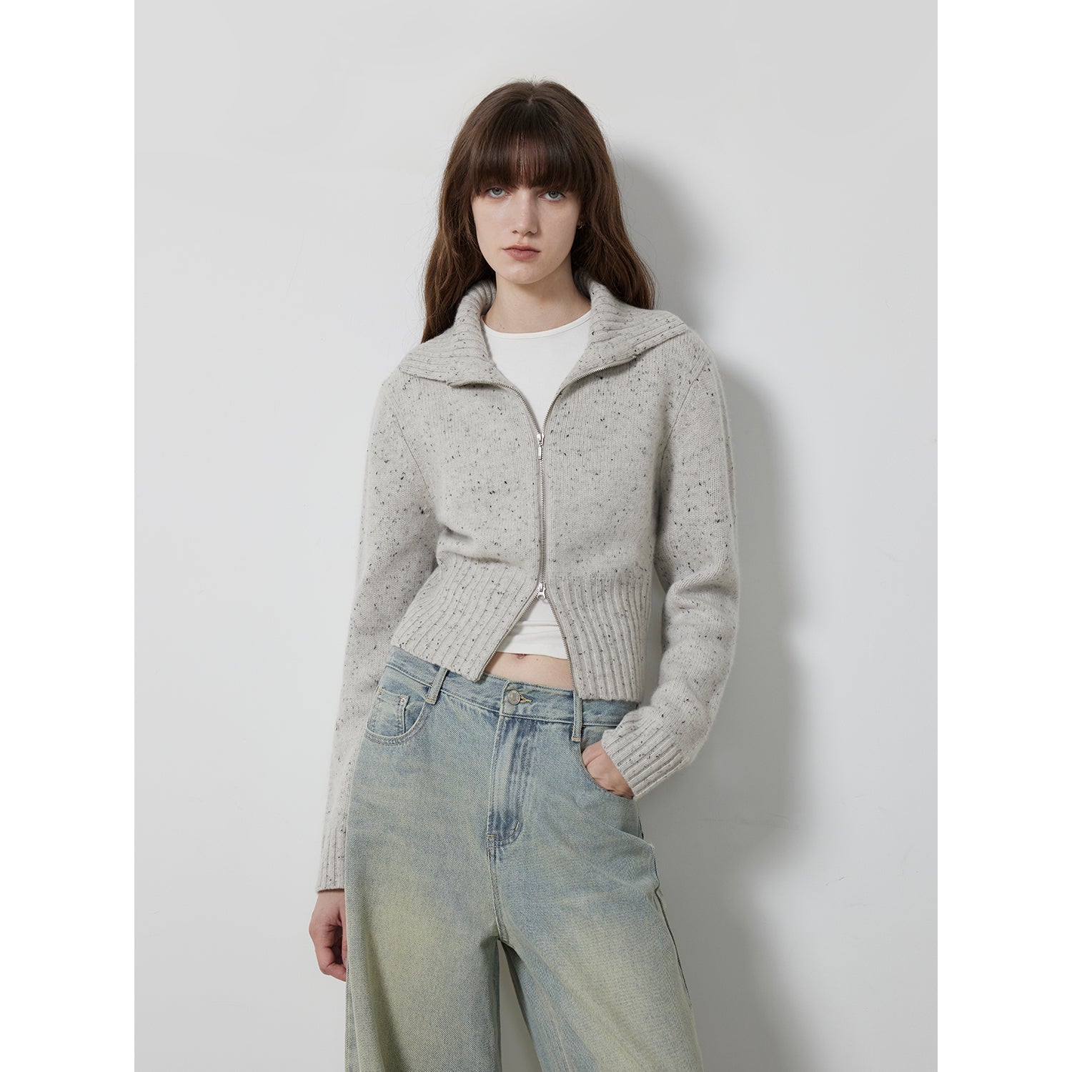"Autumn Breeze Tea" Colorful Dotted Wool-Blend Double-Zip Knitted Sweater
