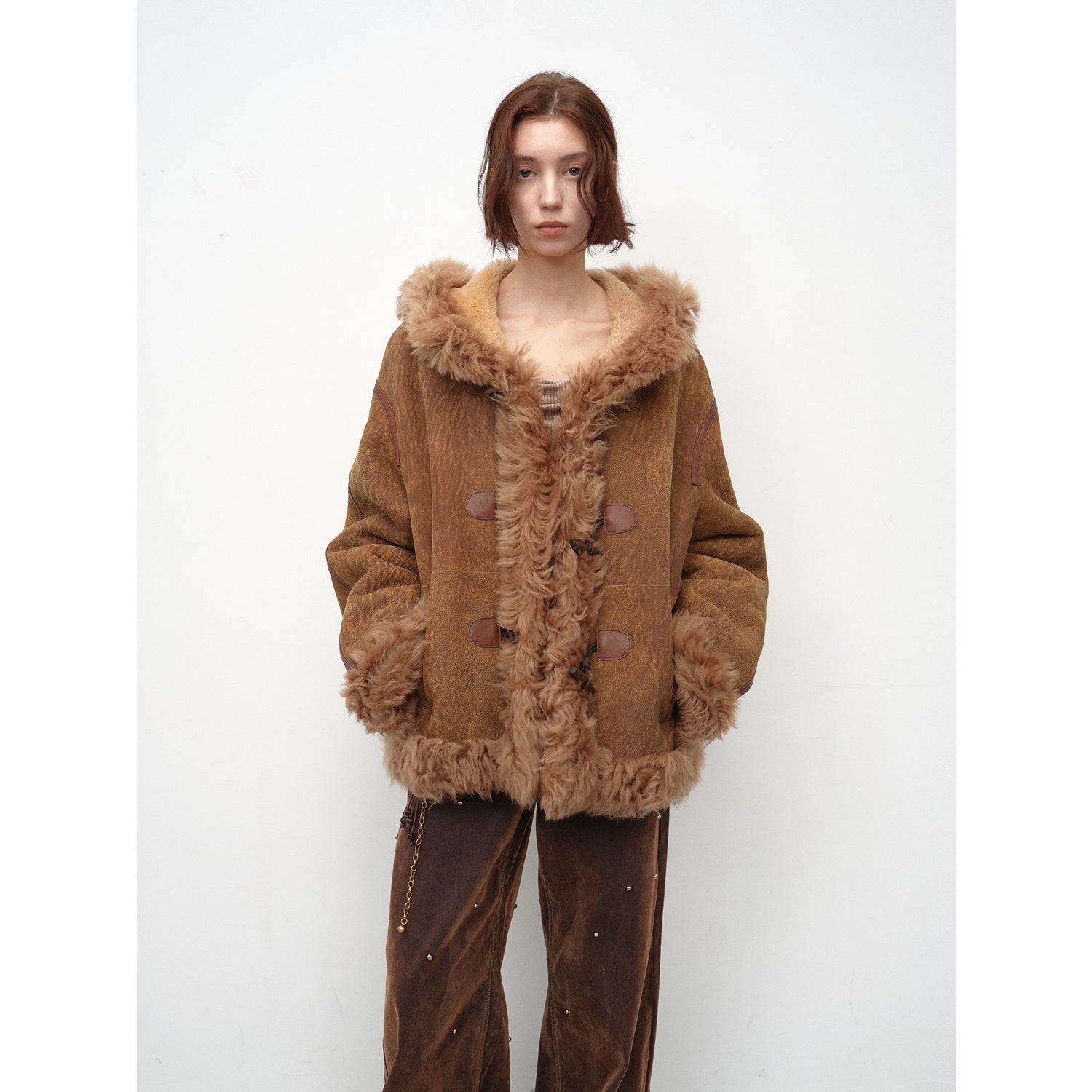 "Modern Weekend" Drop Shoulder Hooded Merino Wool Sheepskin Fur Coat
