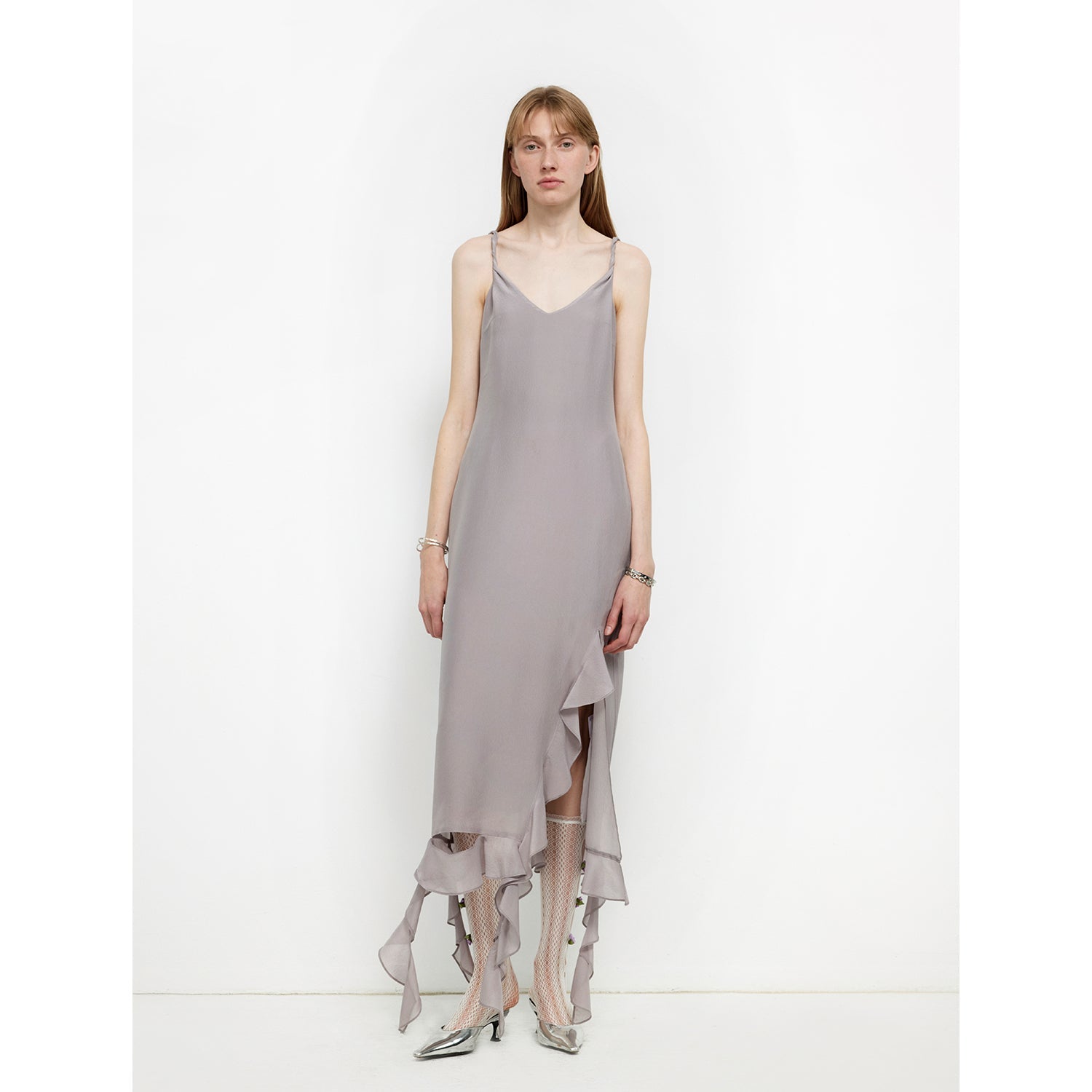 Mulberry Silk V-Neck Ruffled Draped Twist Strap Dress