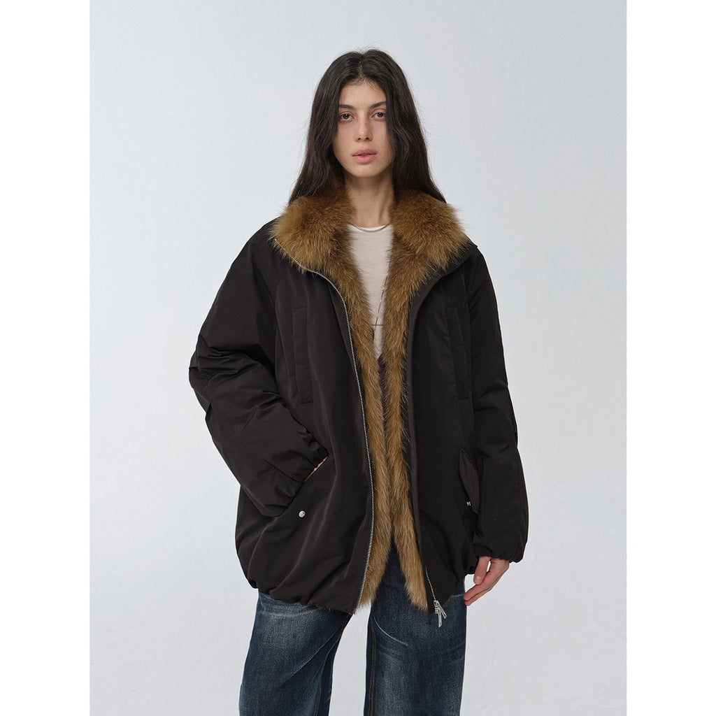 "Warm Dialogue" Two-Tone Fox Fur Collar Detachable Mid-Length Down Parka