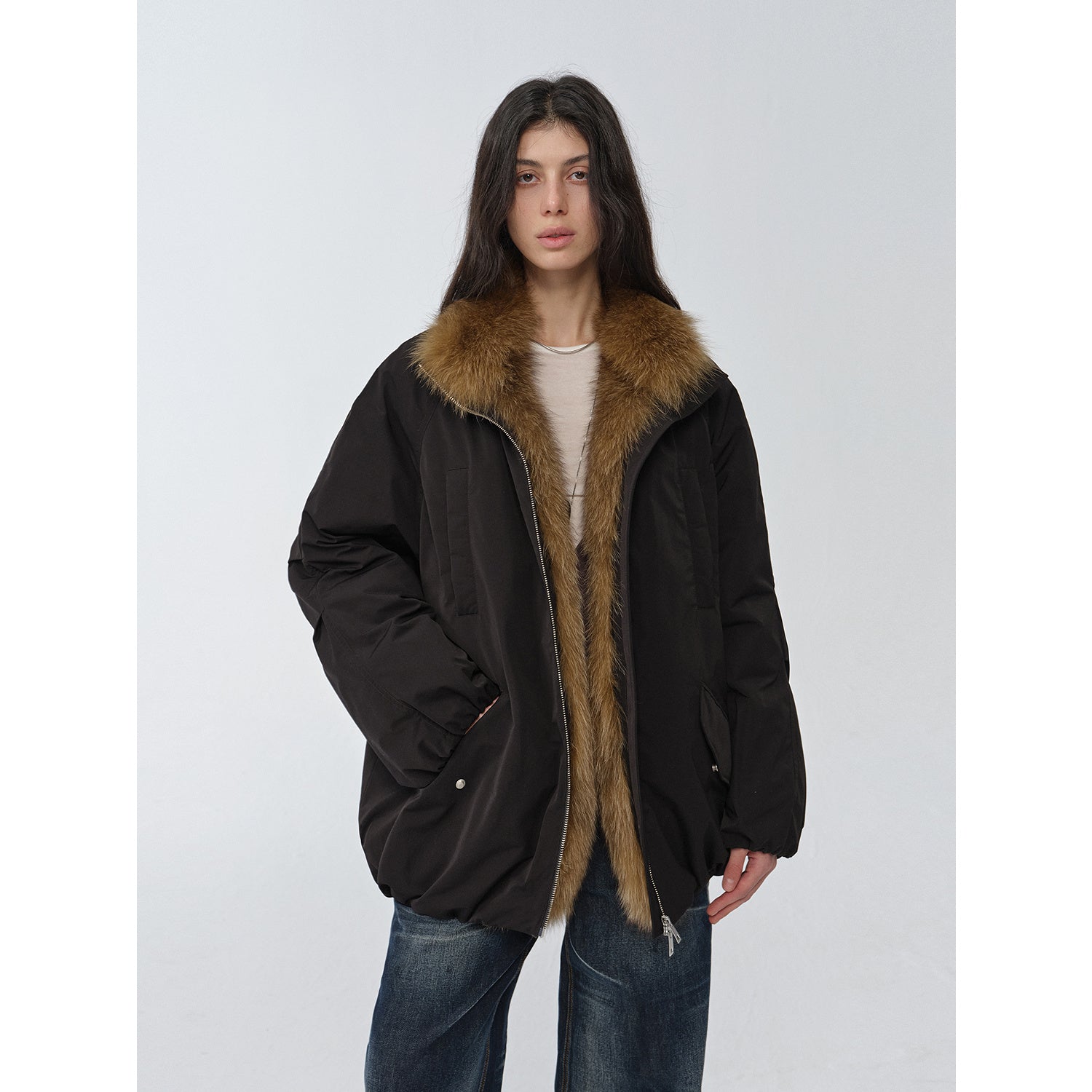 "Warm Dialogue" Two-Tone Fox Fur Collar Detachable Mid-Length Down Parka