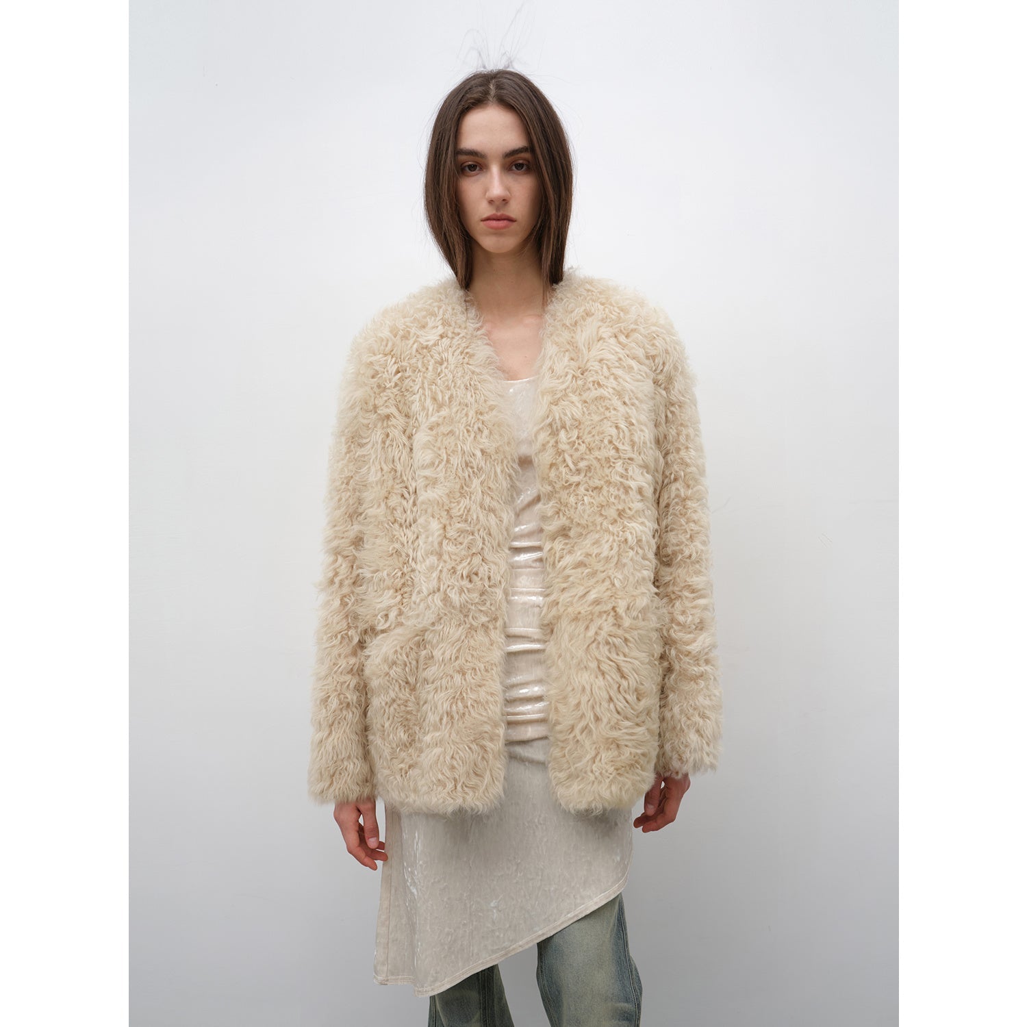 "Castle Dusk" V-Neck Curly Wool Sheepskin Fur Coat