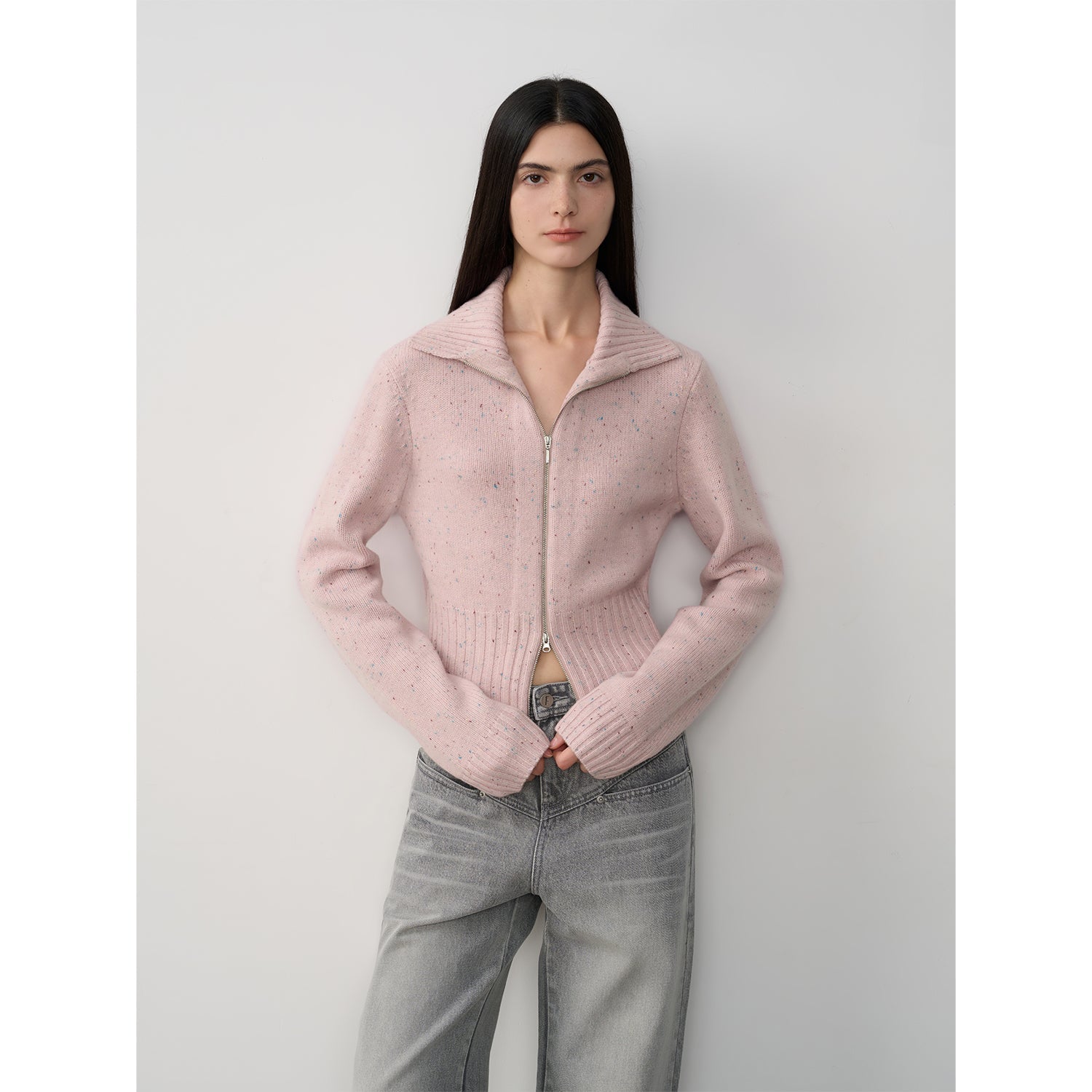 "Autumn Breeze Tea" Colorful Dotted Wool-Blend Double-Zip Knitted Sweater