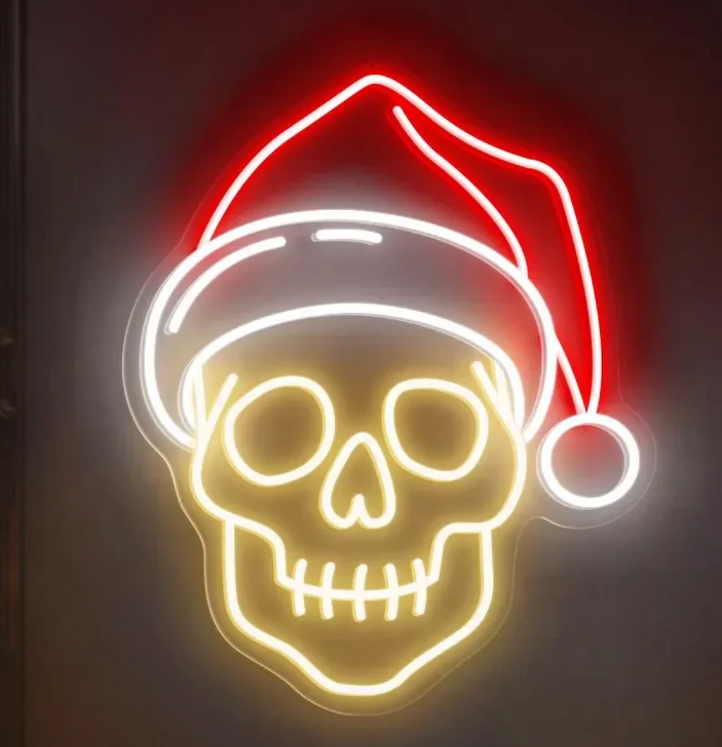 Skull with Santa Hat Neon Sign | Spooky Christmas Wall Light | Gothic Holiday Decor | Creepy Xmas Party Neon | Christmas Decor