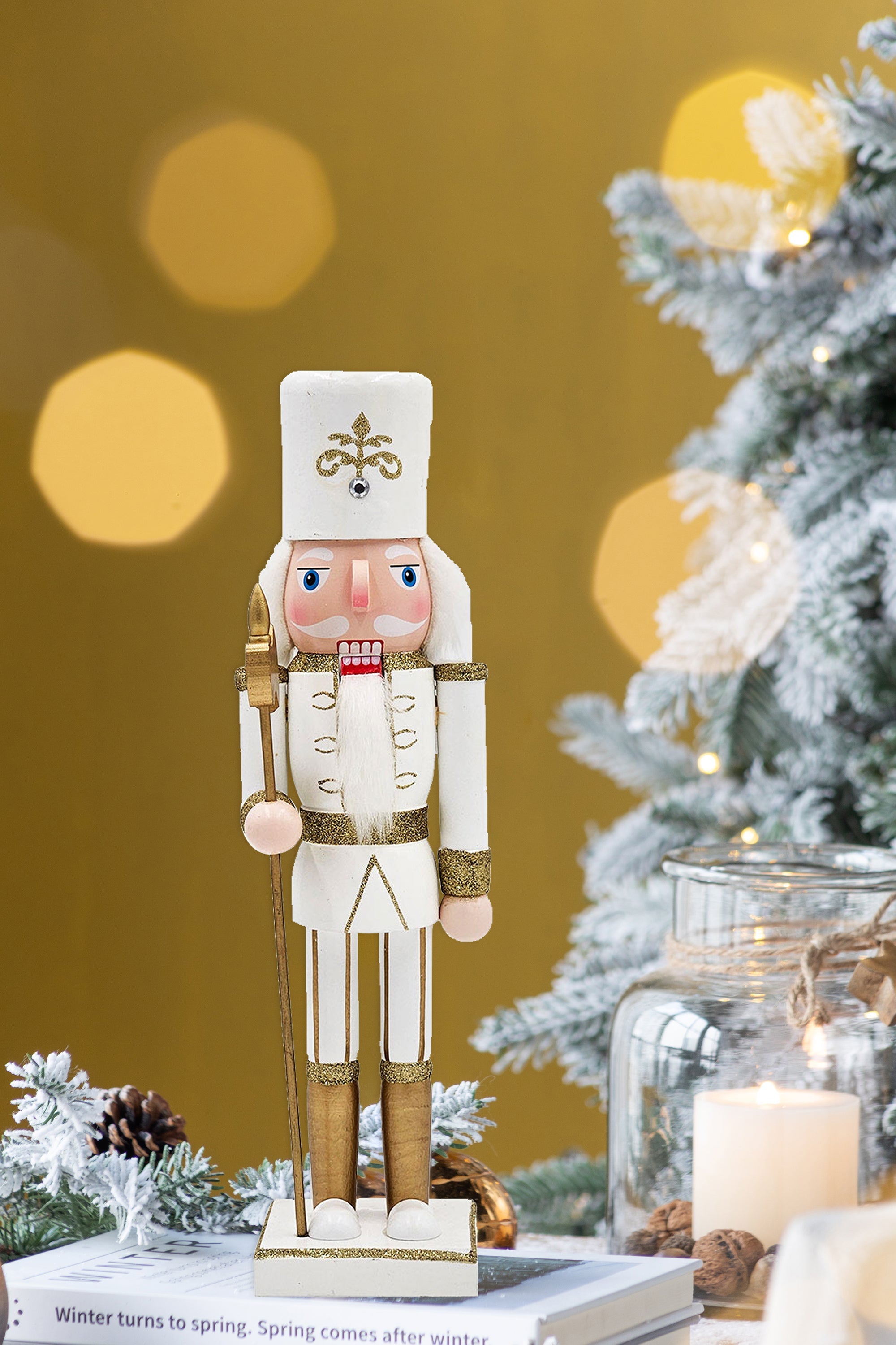 White & Gold Christmas Nutcracker Figurine – 14" Classic Wooden Holiday Decor