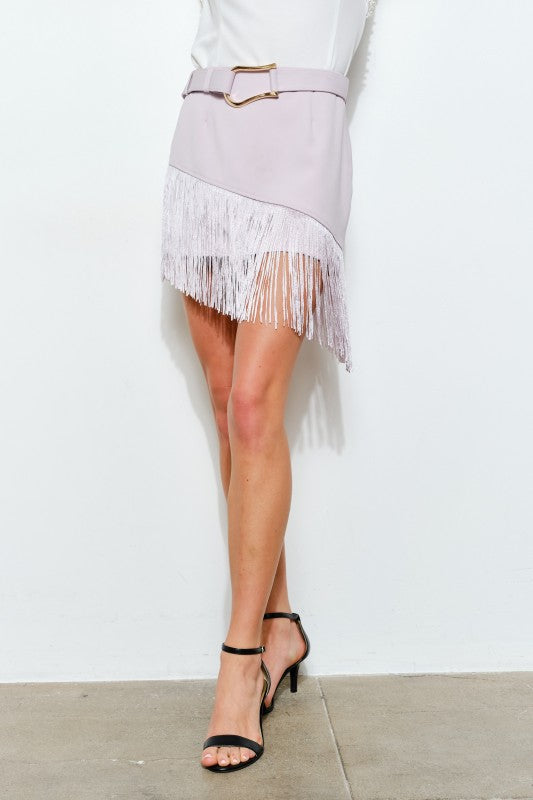Asymmetric Fringe Belted Mini Skirt