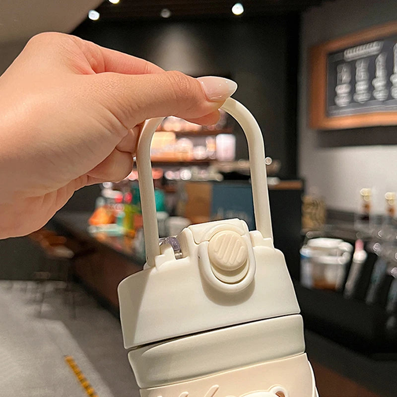 450ML Cute Bear Double Drink Thermos Coffee Mug With Straw Portable Stainless Steel Tumbler Insulated Cup Bottle For Kids Girls