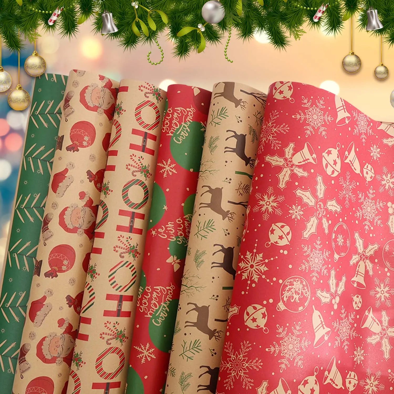 Christmas Kraft Wrapping Paper Roll – Single Sheet or 6-Pack Assorted Styles, Vintage Holiday Gift Wrap with Santa, Reindeer & Christmas Tree Prints