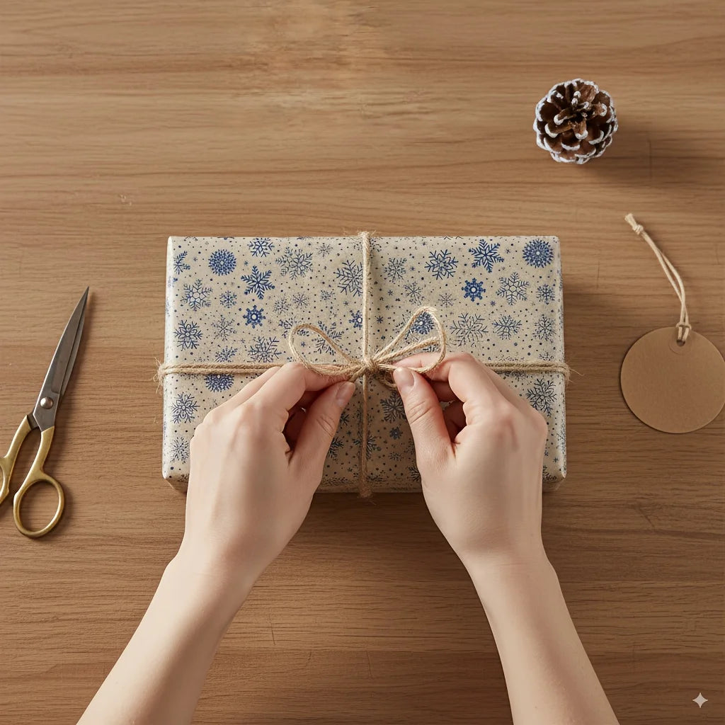 Extra Long Dark Blue Snowflake Wrapping Paper – Double-Sided Kraft Gift Wrap Roll, Navy & Gold Winter Holiday Wrapping Pape