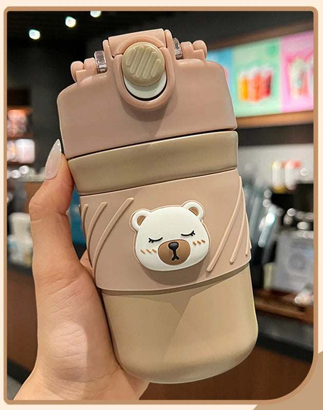 450ML Cute Bear Double Drink Thermos Coffee Mug With Straw Portable Stainless Steel Tumbler Insulated Cup Bottle For Kids Girls