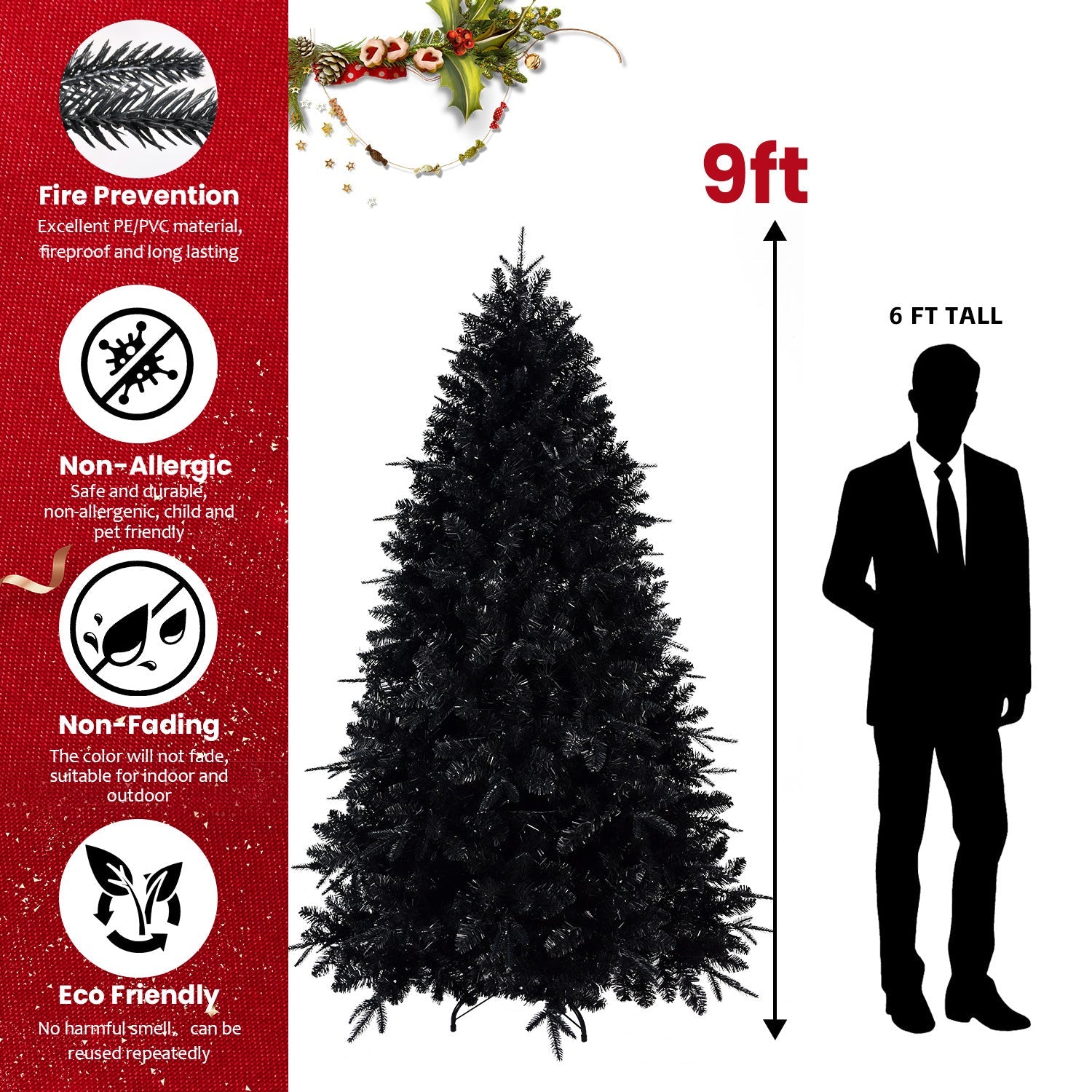 7.5ft Black Artificial Christmas Tree with 500 White LED Lights – 2156 PE+PVC Tips, Modern Hinged Design & Durable Metal Stand