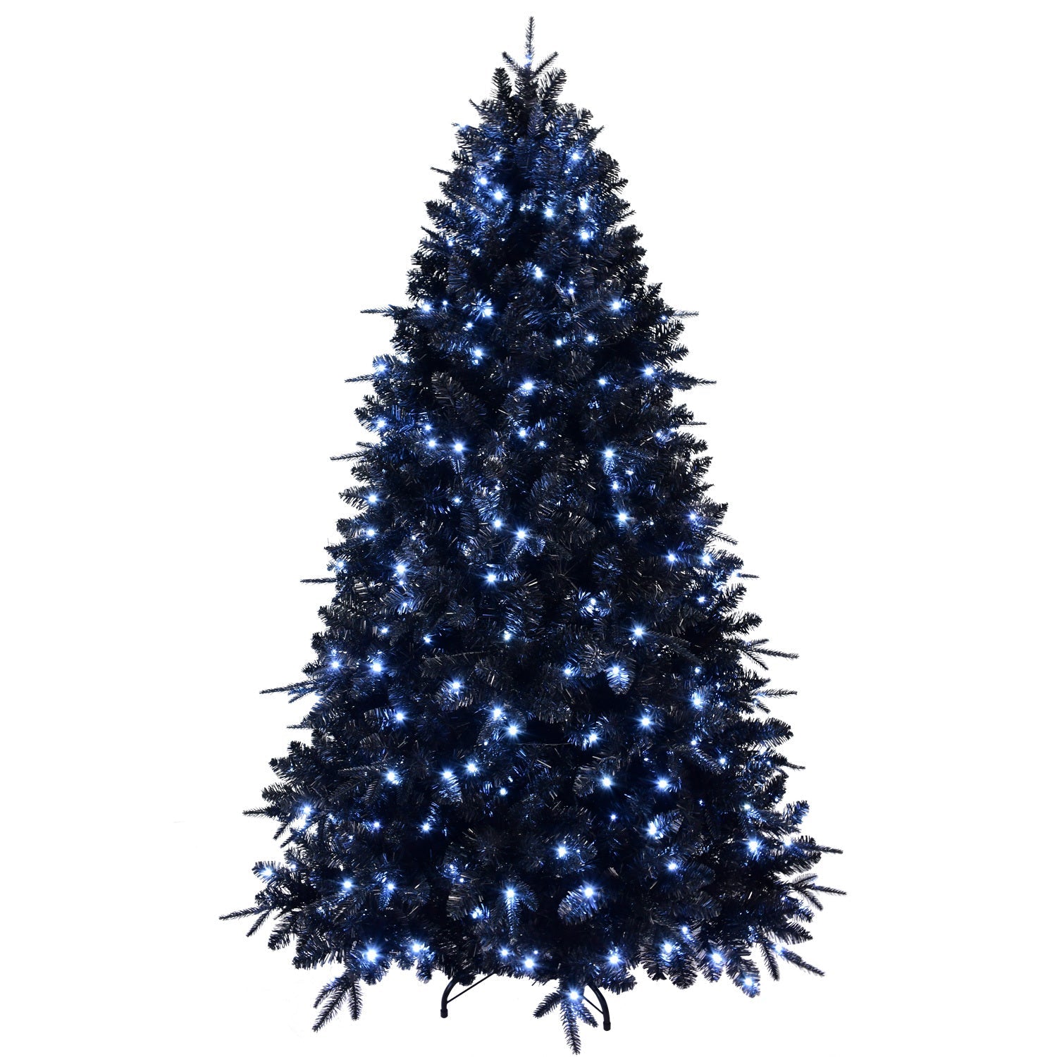 7.5ft Black Artificial Christmas Tree with 500 White LED Lights – 2156 PE+PVC Tips, Modern Hinged Design & Durable Metal Stand