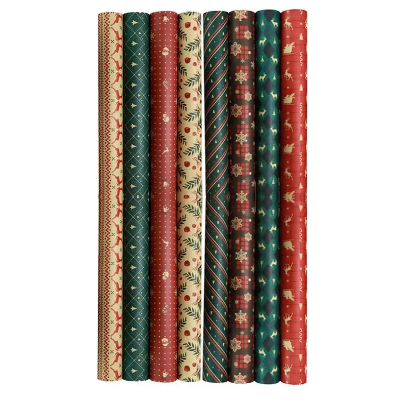 8-Pack Christmas Wrapping Paper Set – Vintage Kraft Gift Wrap with Classic Holiday Patterns, 27×20 Inch Sheets for DIY Gifts, Weddings & Holiday Crafts