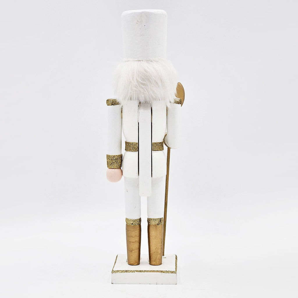 White & Gold Christmas Nutcracker Figurine – 14" Classic Wooden Holiday Decor