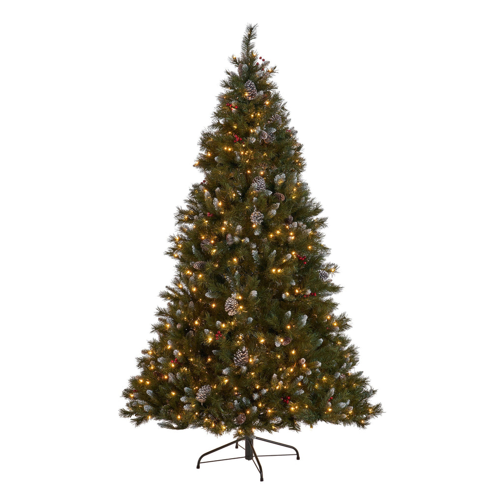7ft Pre-Lit Frosted Christmas Tree with 52 Pine Cones & 26 Red Berries – 450 Clear UL Lights, 1219 PVC Tips, Hinged Design