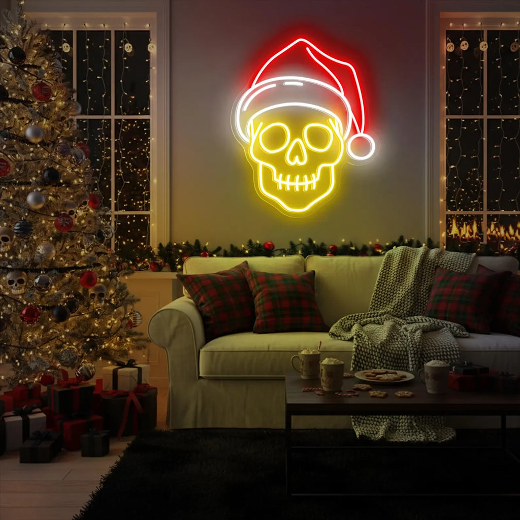 Skull with Santa Hat Neon Sign | Spooky Christmas Wall Light | Gothic Holiday Decor | Creepy Xmas Party Neon | Christmas Decor