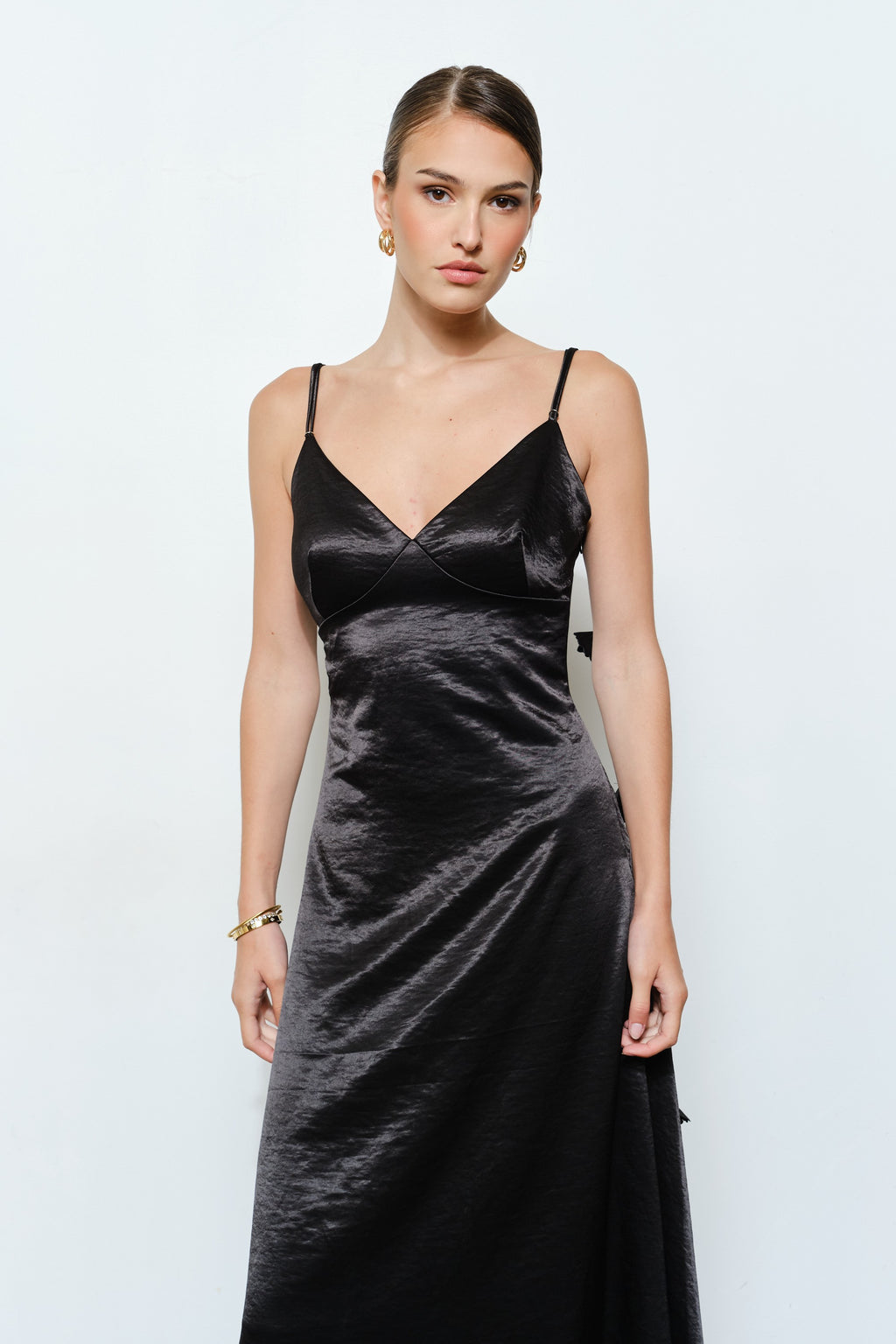 3D Satin Flower Draped Back Maxi Dress