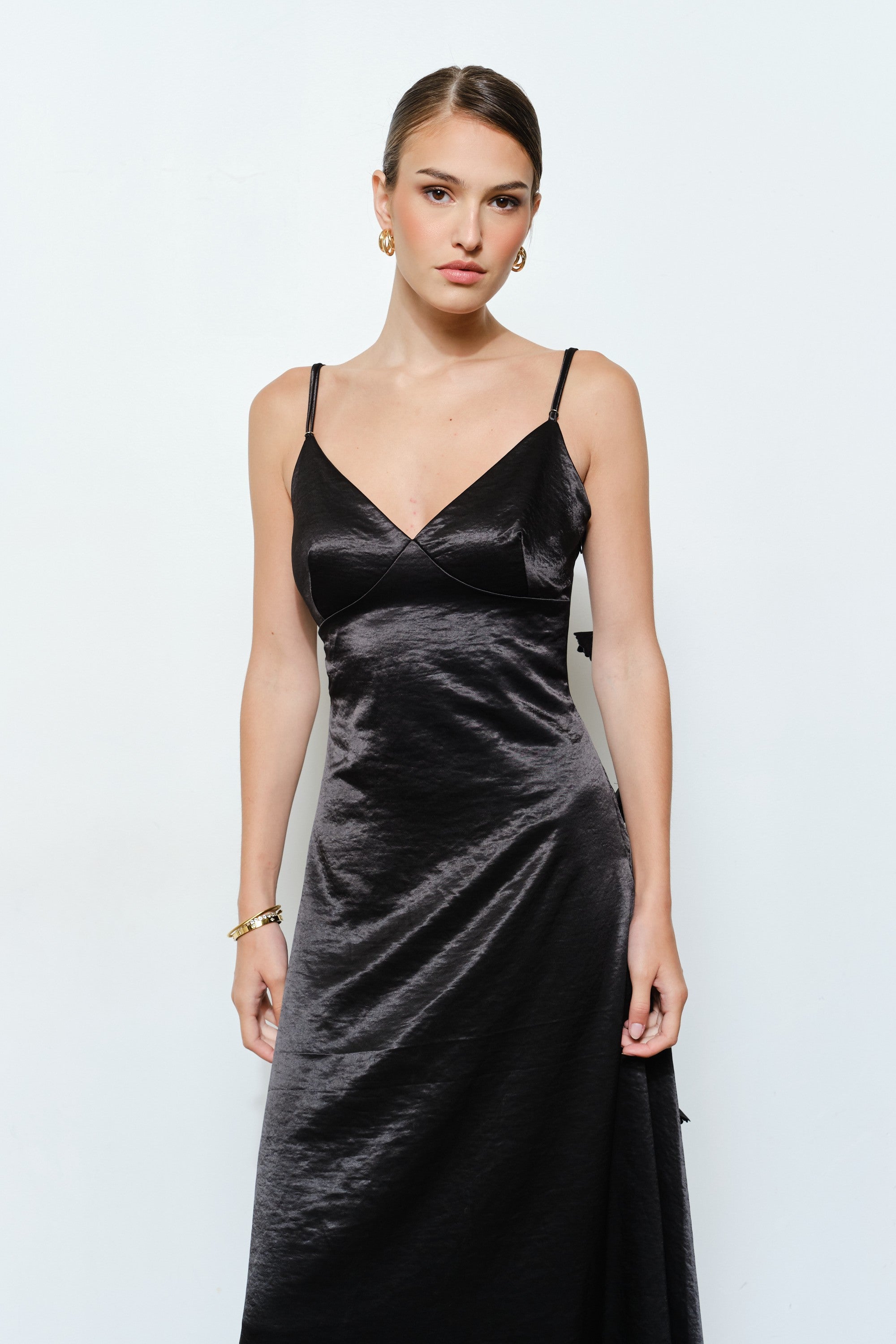3D Satin Flower Draped Back Maxi Dress