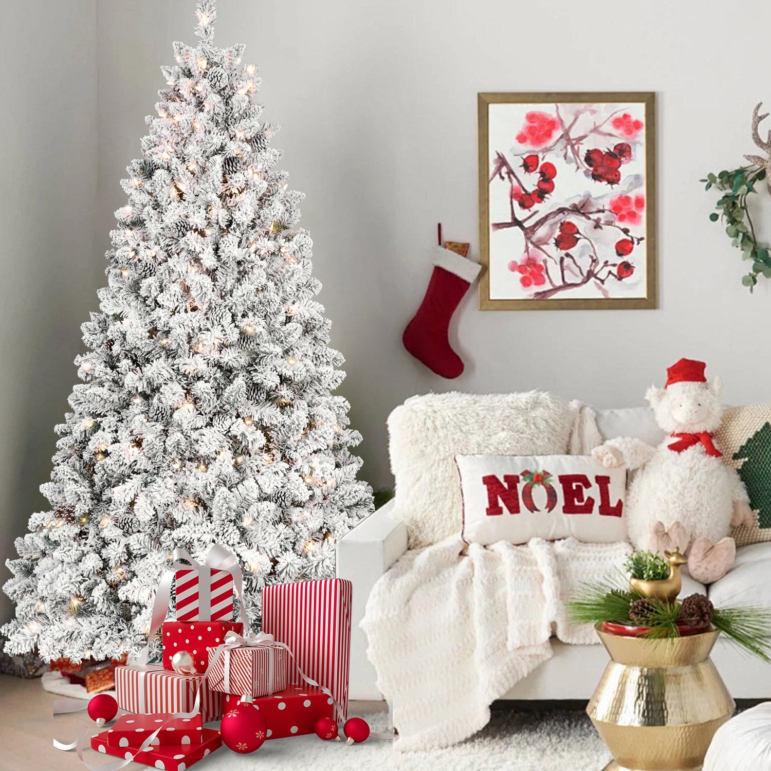 8ft Flocked Christmas Tree with 700 Warm White UL Lights & 54 Pine Cones – 1754 Snowy PVC Tips, Hinged Structure, and Metal Stand