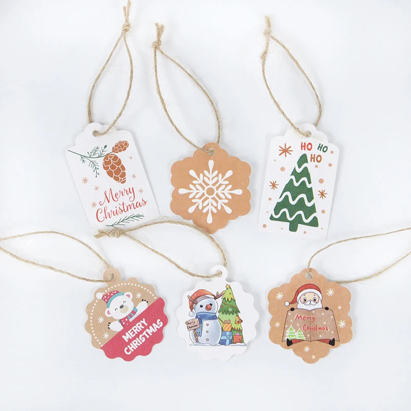 100pcs Merry Christmas Gift Tags with 65ft Hemp Rope – Holiday Paper Tags for Christmas Wrapping, Party Favors & DIY Packaging (Assorted Designs)