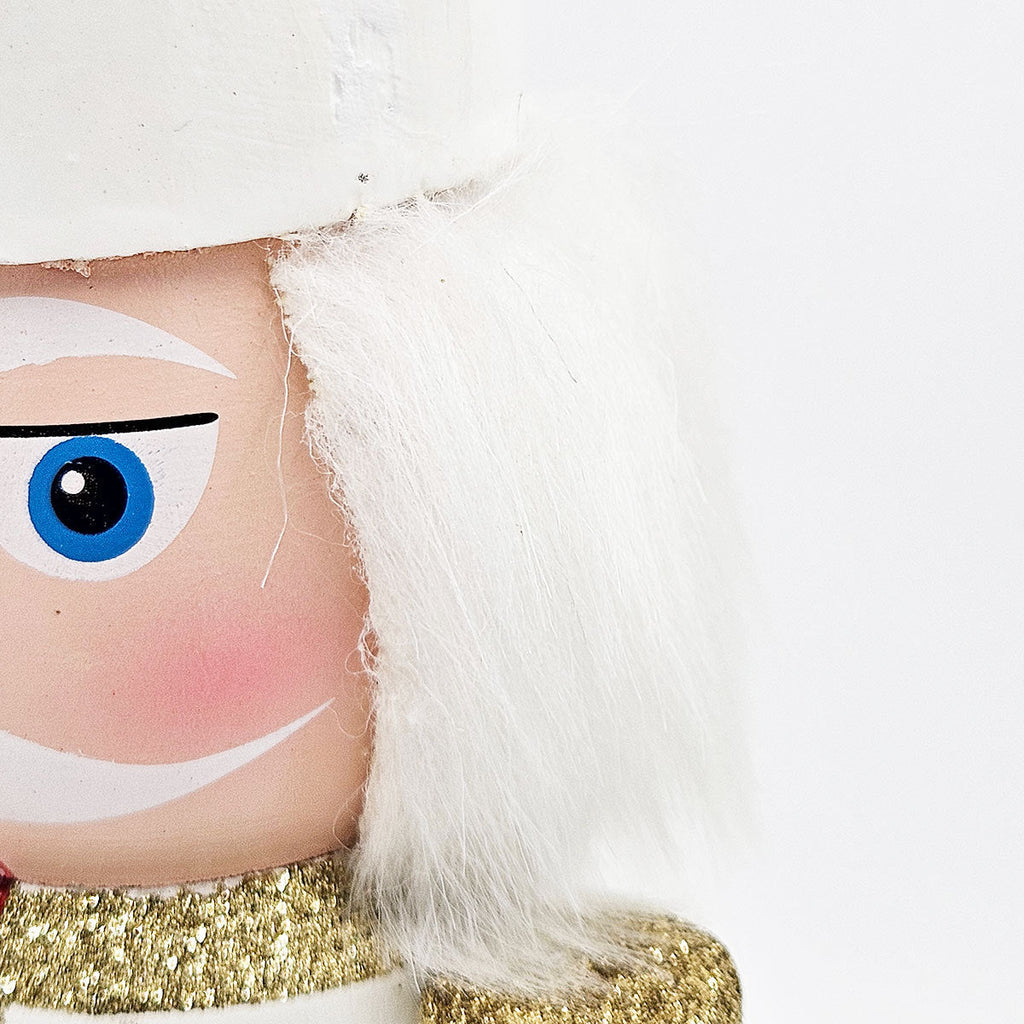 White & Gold Christmas Nutcracker Figurine – 14" Classic Wooden Holiday Decor