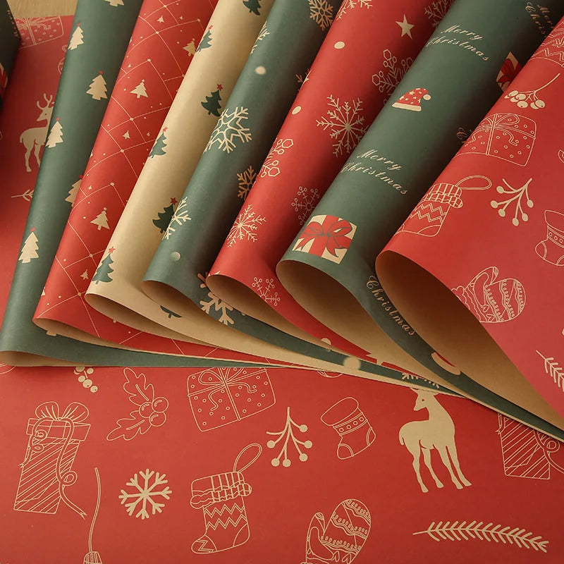 7-Pack Christmas Wrapping Paper Set – Vintage Kraft Gift Wrap with Red, Green & Gold Holiday Prints, 29×20 Inch Sheets for Christmas Gifts, Bouquets & DIY Crafts