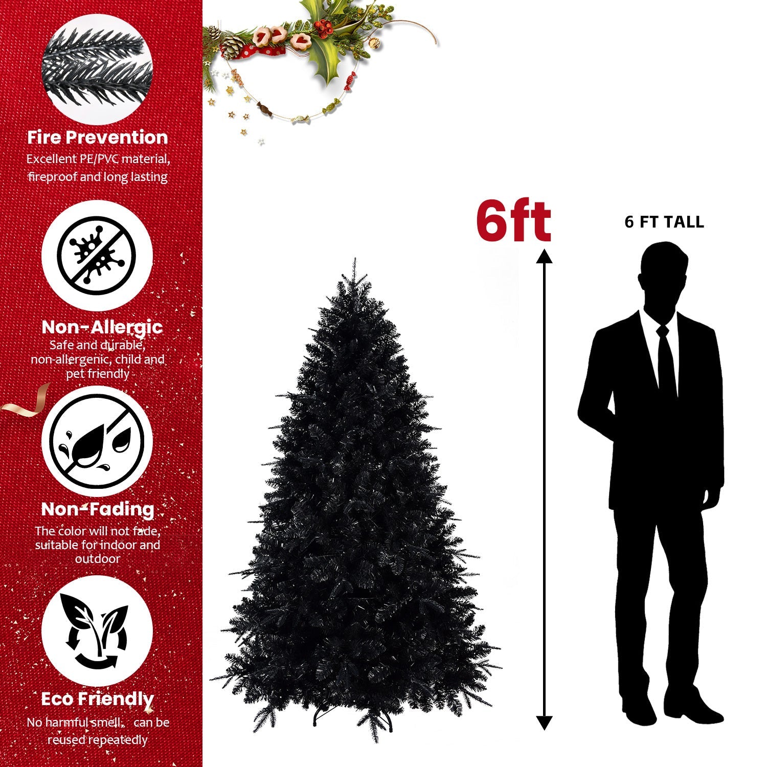 7.5ft Black Artificial Christmas Tree with 500 White LED Lights – 2156 PE+PVC Tips, Modern Hinged Design & Durable Metal Stand