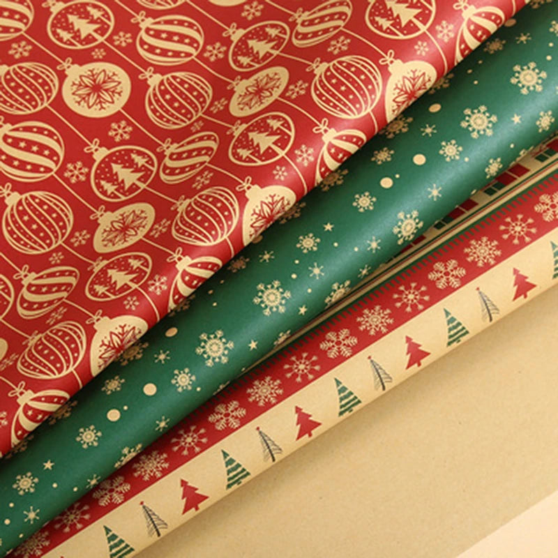Christmas Kraft Wrapping Paper Roll – Yellow Cowhide Holiday Gift Wrap, 10 Different Styles Reindeer, Candy Cane, Tree, Snowflake Designs, etc