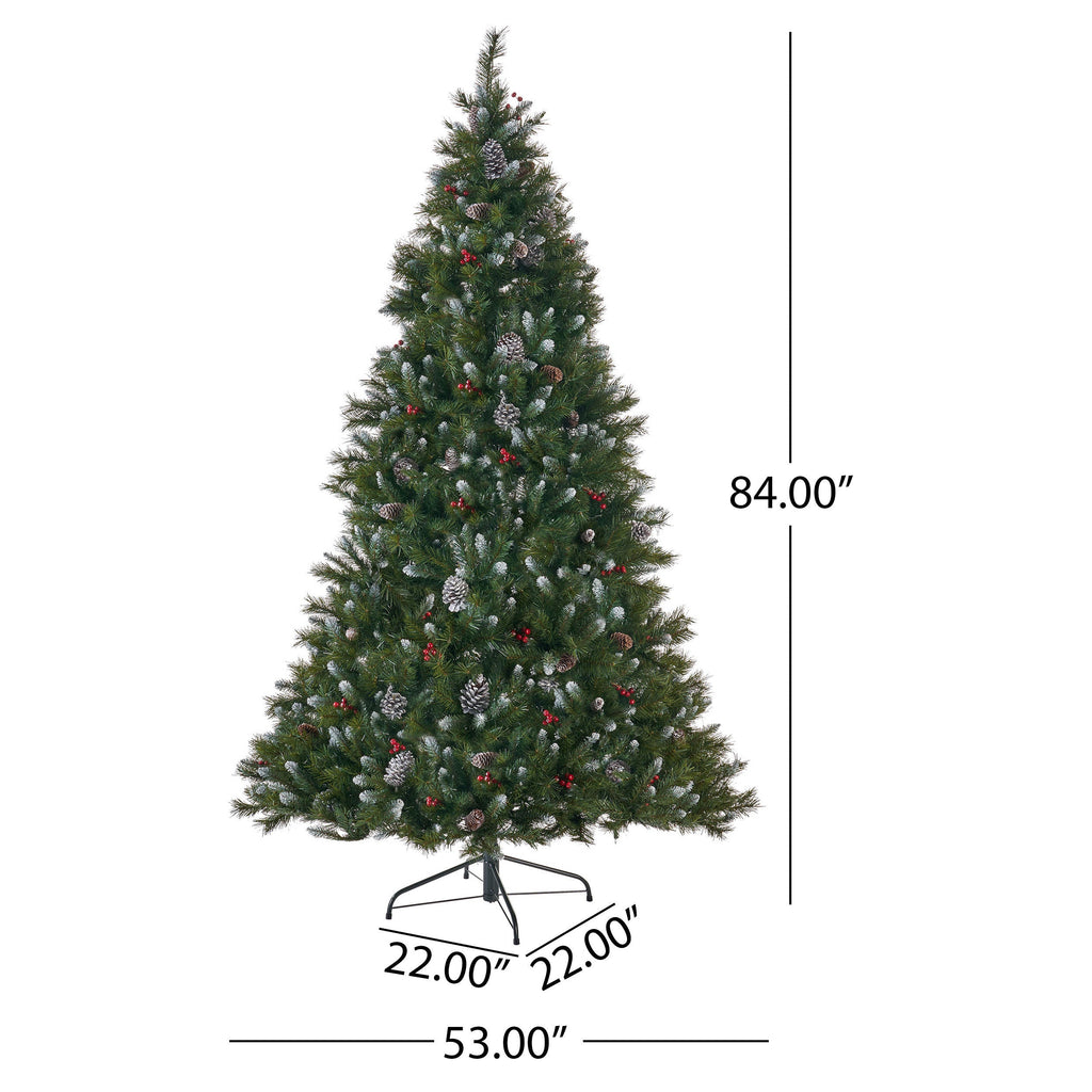 7ft Pre-Lit Frosted Christmas Tree with 52 Pine Cones & 26 Red Berries – 450 Clear UL Lights, 1219 PVC Tips, Hinged Design