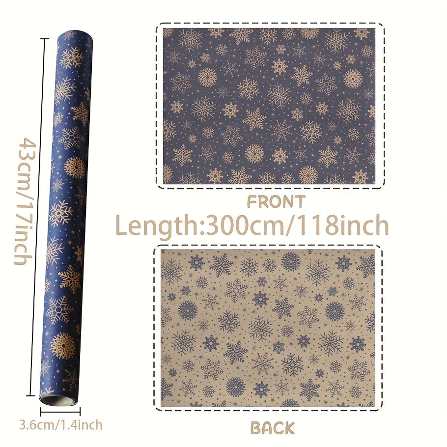 Extra Long Dark Blue Snowflake Wrapping Paper – Double-Sided Kraft Gift Wrap Roll, Navy & Gold Winter Holiday Wrapping Pape