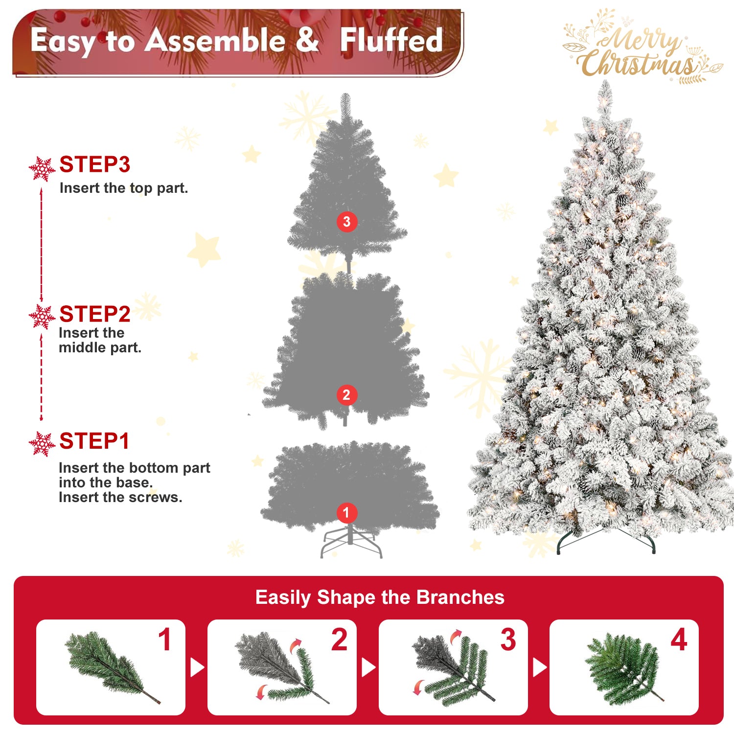 8ft Flocked Christmas Tree with 700 Warm White UL Lights & 54 Pine Cones – 1754 Snowy PVC Tips, Hinged Structure, and Metal Stand