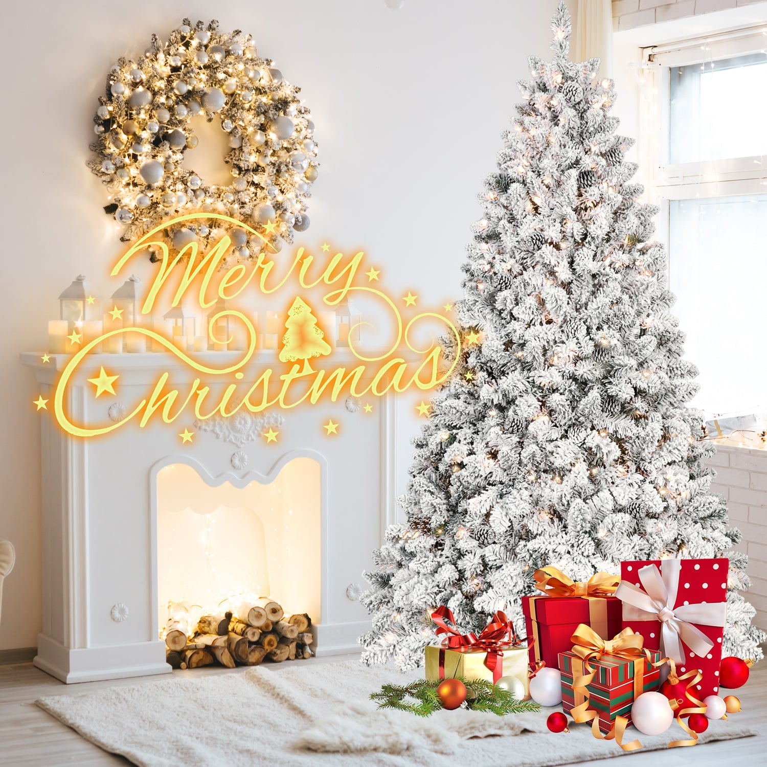 8ft Flocked Christmas Tree with 700 Warm White UL Lights & 54 Pine Cones – 1754 Snowy PVC Tips, Hinged Structure, and Metal Stand