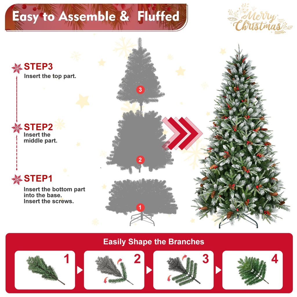 7ft Snow-Dusted Christmas Tree with Red Berries & Pine Cones – 2178 PE+PVC Tips, Hinged Design, and Metal Stand