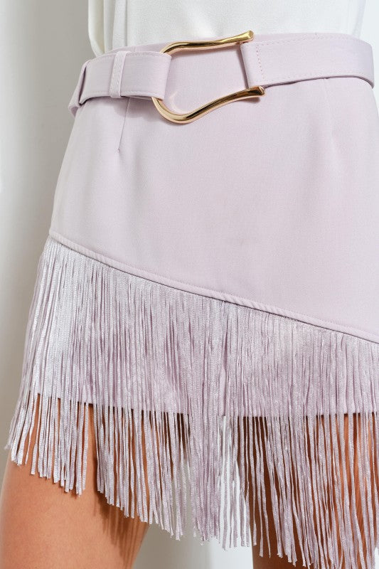 Asymmetric Fringe Belted Mini Skirt