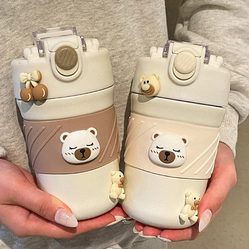 450ML Cute Bear Double Drink Thermos Coffee Mug With Straw Portable Stainless Steel Tumbler Insulated Cup Bottle For Kids Girls