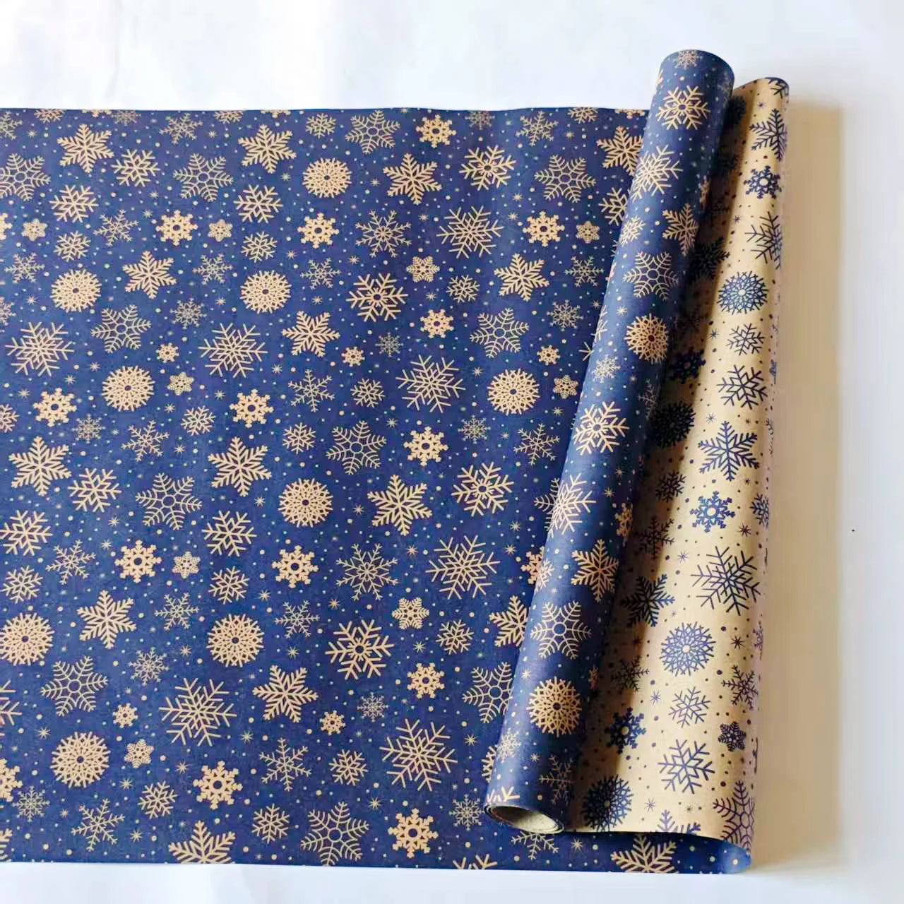 Extra Long Dark Blue Snowflake Wrapping Paper – Double-Sided Kraft Gift Wrap Roll, Navy & Gold Winter Holiday Wrapping Pape