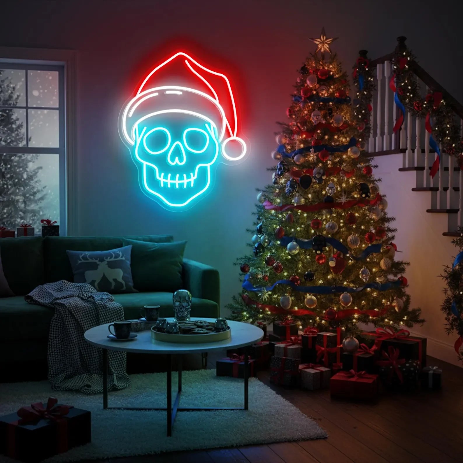Skull with Santa Hat Neon Sign | Spooky Christmas Wall Light | Gothic Holiday Decor | Creepy Xmas Party Neon | Christmas Decor