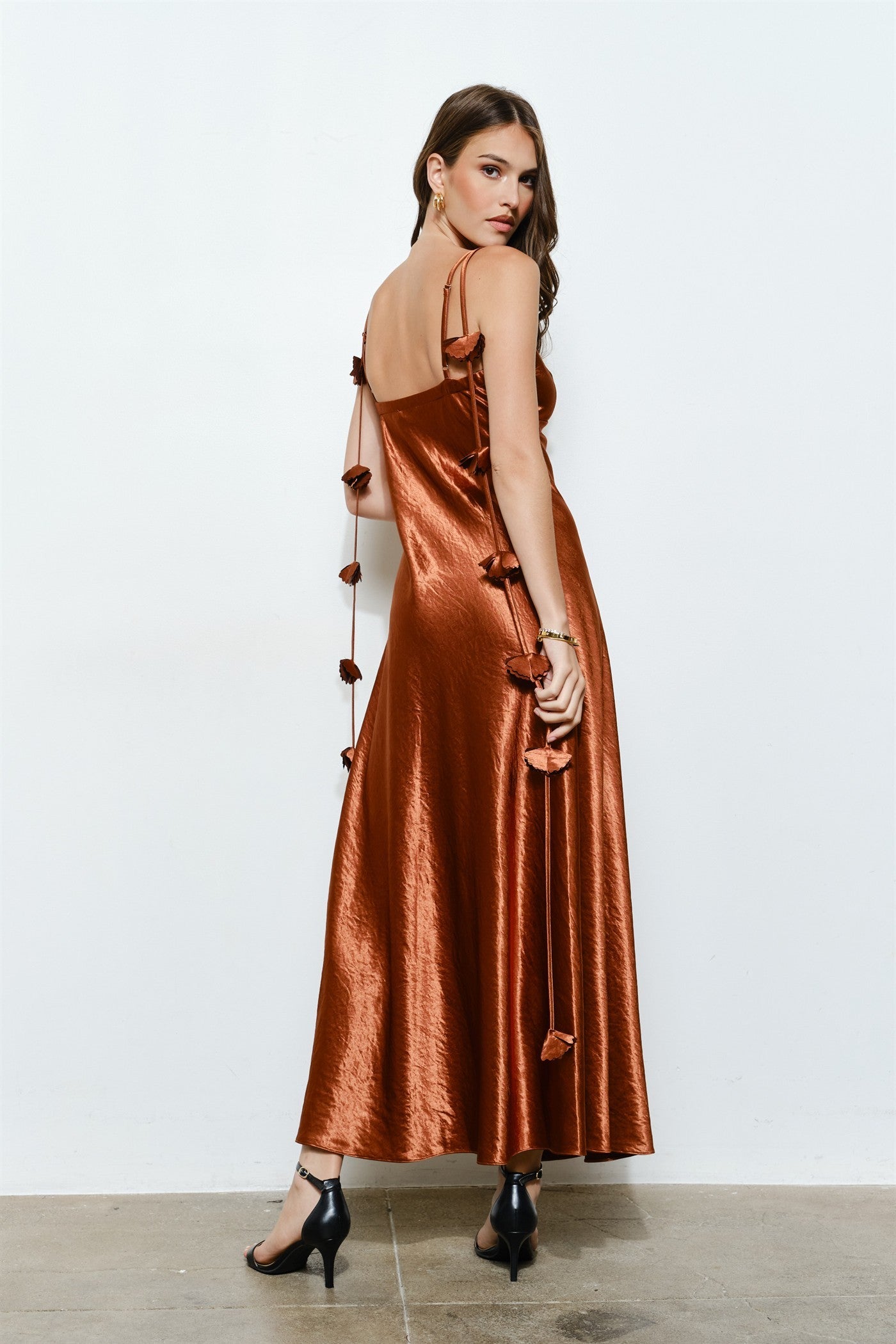 3D Satin Flower Draped Back Maxi Dress